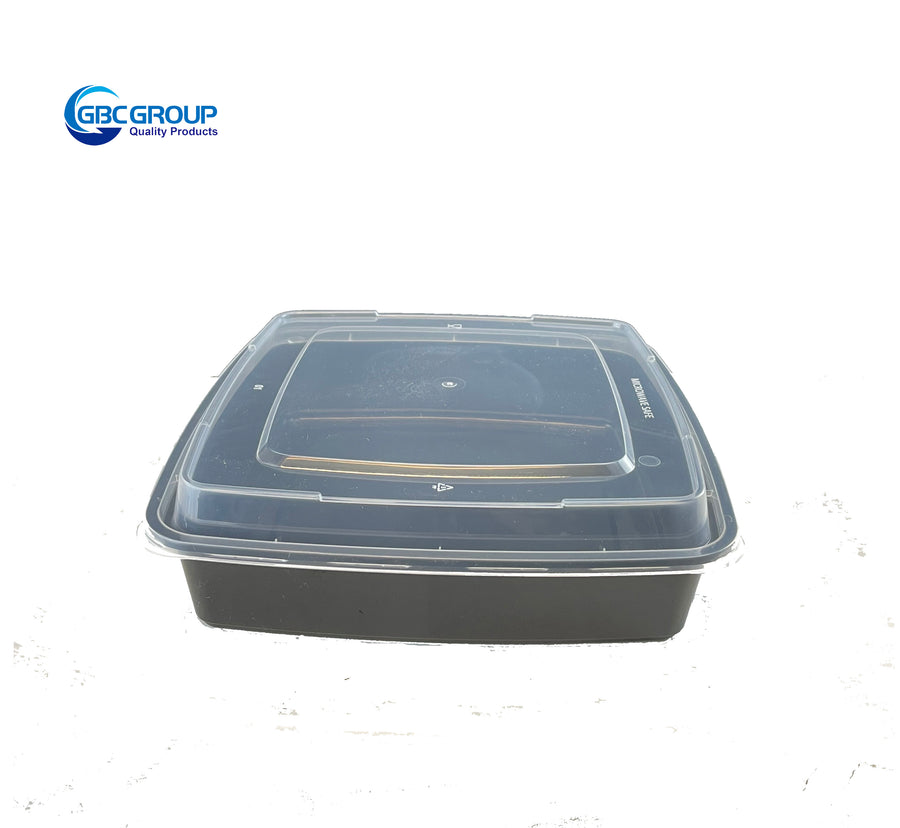 KY-48B  48oz BLACK Square Microwavable Container with Lid - 100/Case