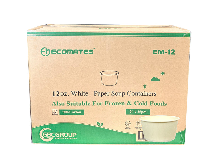 EM-12     12oz Plain White Paper Containers (25 x 20 )  500/CS