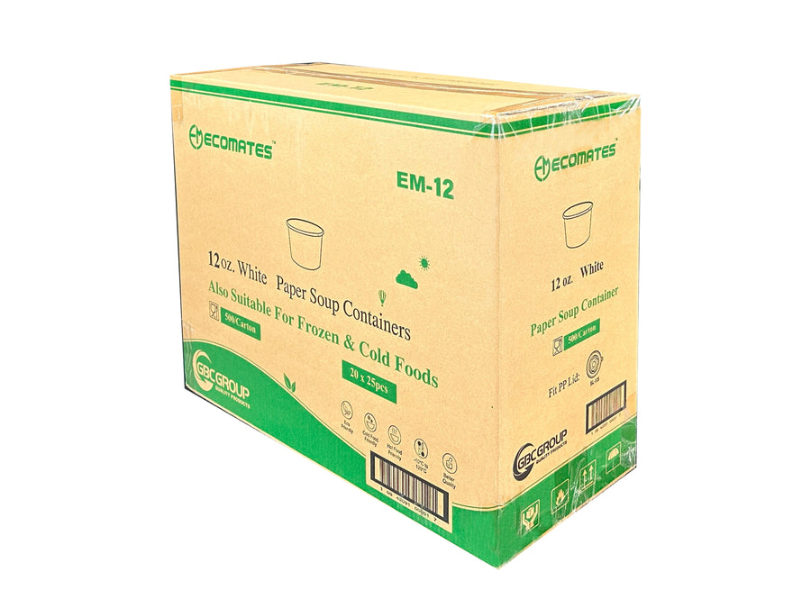EM-12     12oz Plain White Paper Containers (25 x 20 )  500/CS