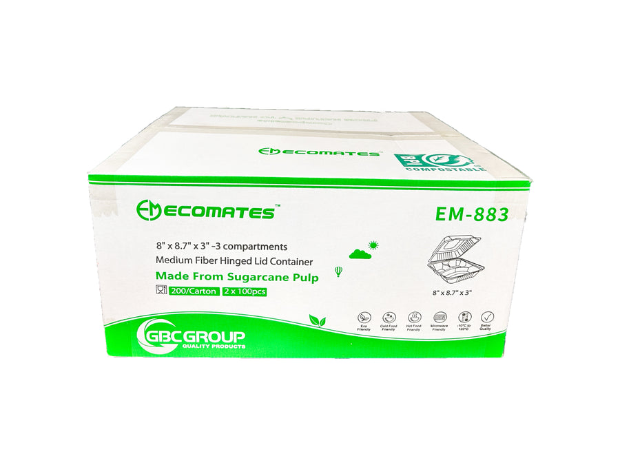 EM-883/GD-883 MEDIUM 3 SECTION  FIBER DEEP HINGED LID CONTAINERS, CASE/200