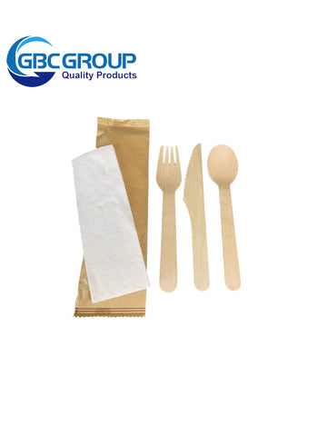 ECOMATES Wooden Cutlery 4 In 1 Kit (Knife + Fork + Spoon+Napkin) -500 Pcs/Cs