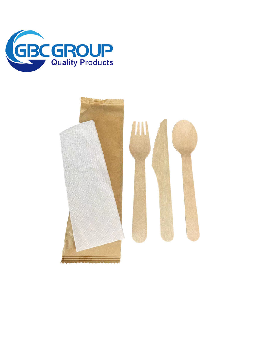 ECOMATES Wooden Cutlery 4 In 1 Kit (Knife + Fork + Spoon+Napkin) -500 Pcs/Cs