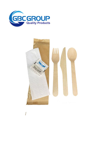 ECOMATES Wooden Cutlery 6 In 1 Kit (Knife + Fork + Spoon+Napkin+Pepper+Salt) -500 packs/Cs