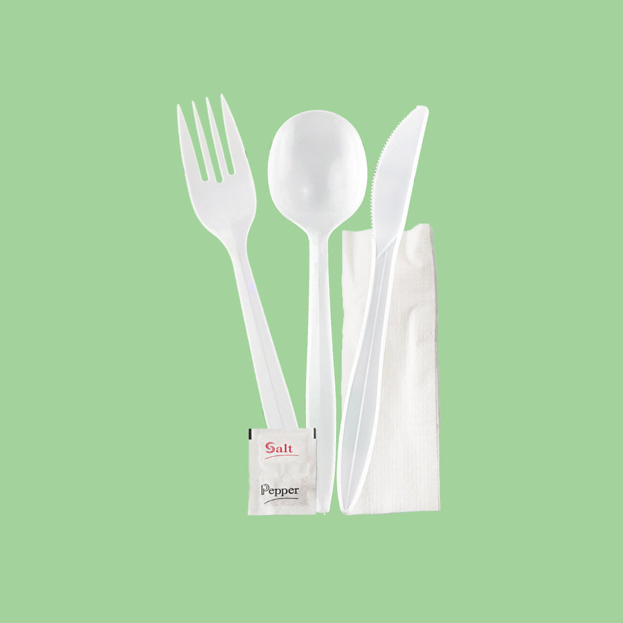 KIT-625 Meal Kit 6pc (Fork, Knife, Spoon, 1Ply Napkin, Salt, Pepper) 250'/Case